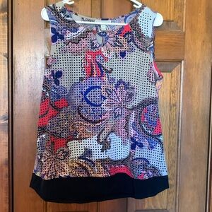 Dana Buchman Sleeveless Blouse, black shell with mesh overlay sheath. Size L